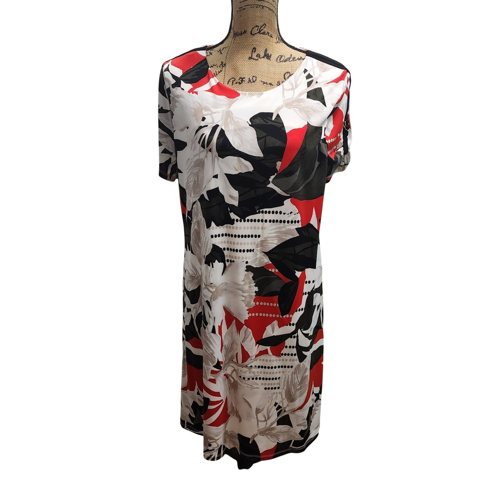 Calvin Klein Women's Size L Black‎ Red White Floral Print Short Sleeve Dress